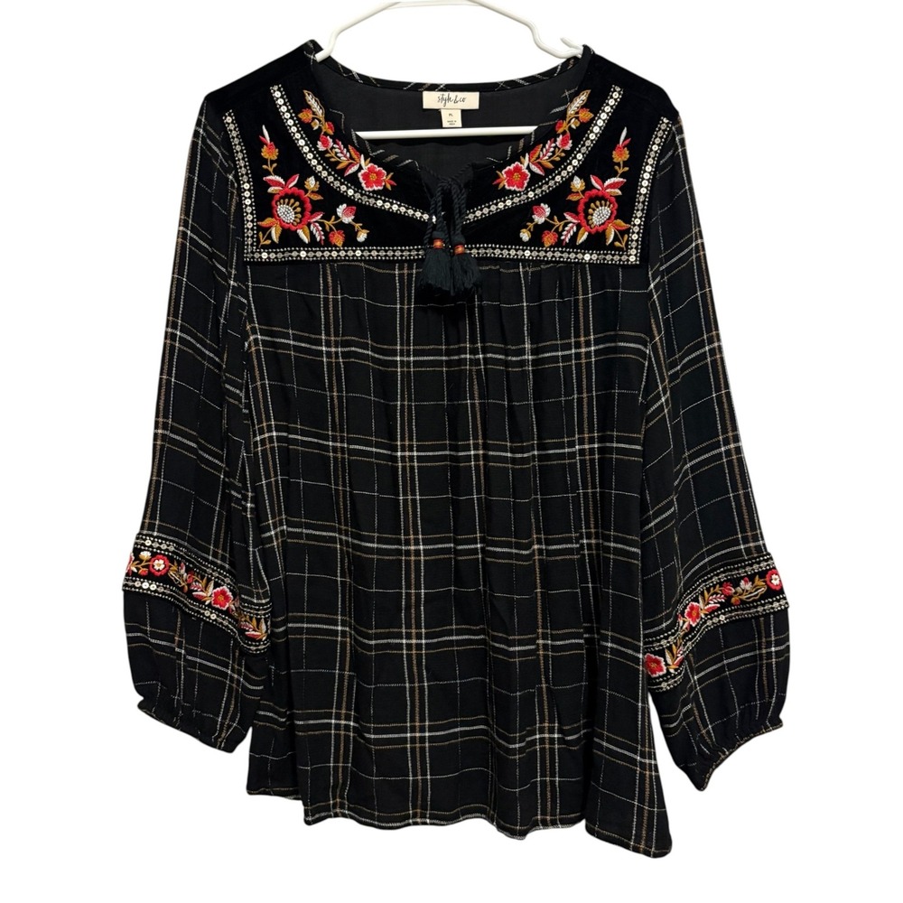 Style & Co Peasant Top Large Petite Black Plaid Embroidered Velvet Trim Blouse